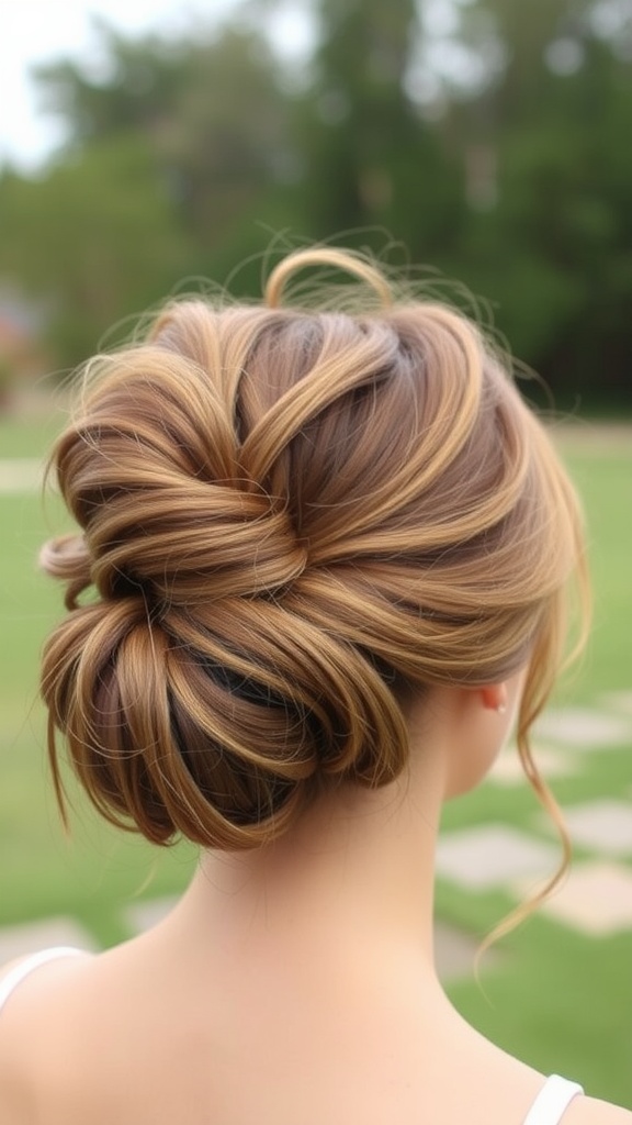 A woman with a simple messy bun hairstyle viewed from the back.