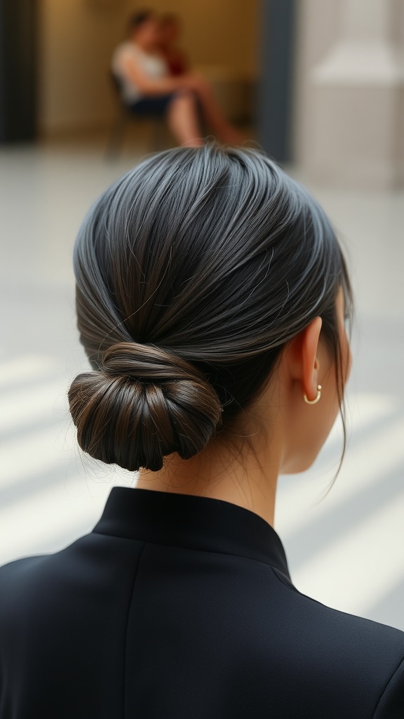 A sleek low bun hairstyle, perfect for wedding guests.