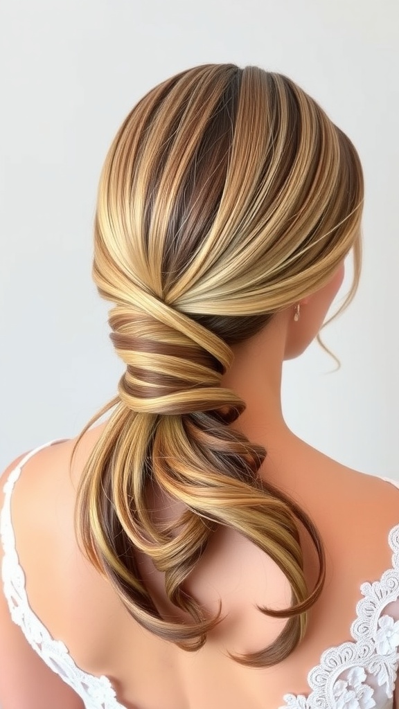 A sleek low ponytail hairstyle with soft curls at the ends, perfect for a wedding.