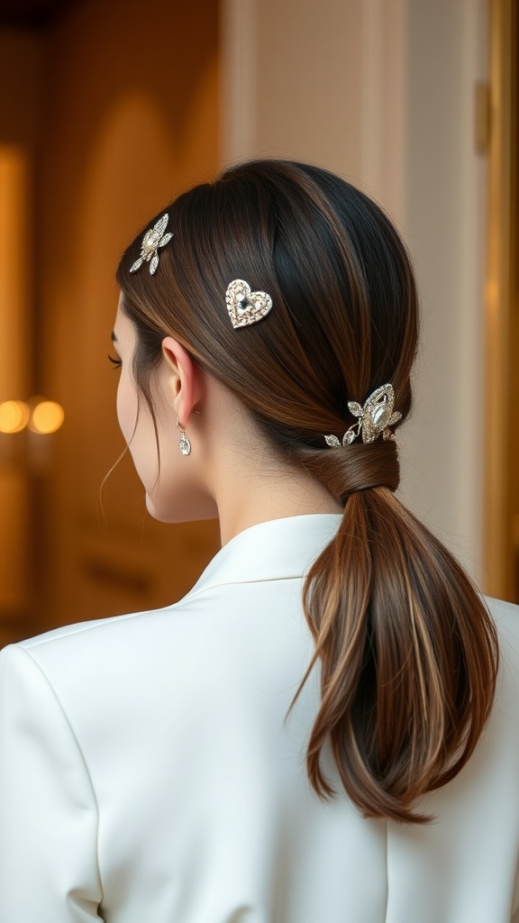 A sleek low ponytail adorned with jeweled hair accessories, showing off a stylish and elegant look.