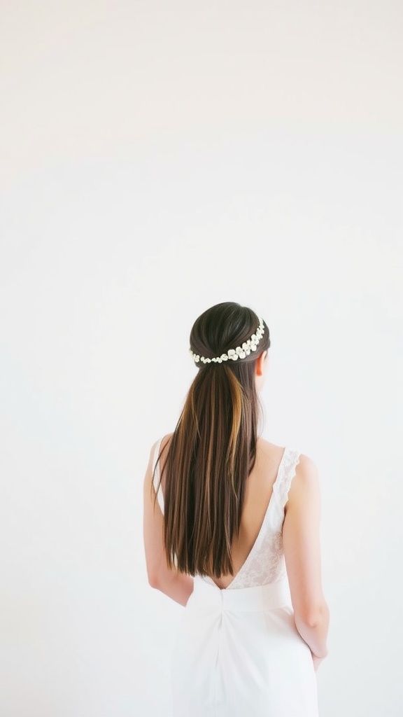 Bride with sleek straight hair and a decorative headband