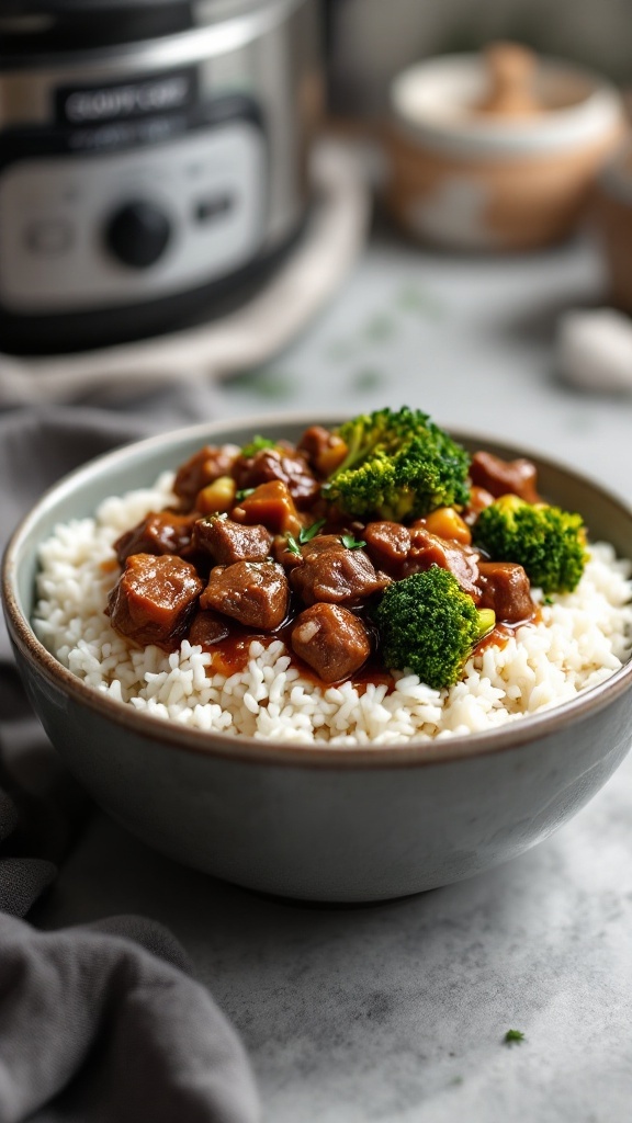 A bowl of slow cooker beef and broccoli served over rice.