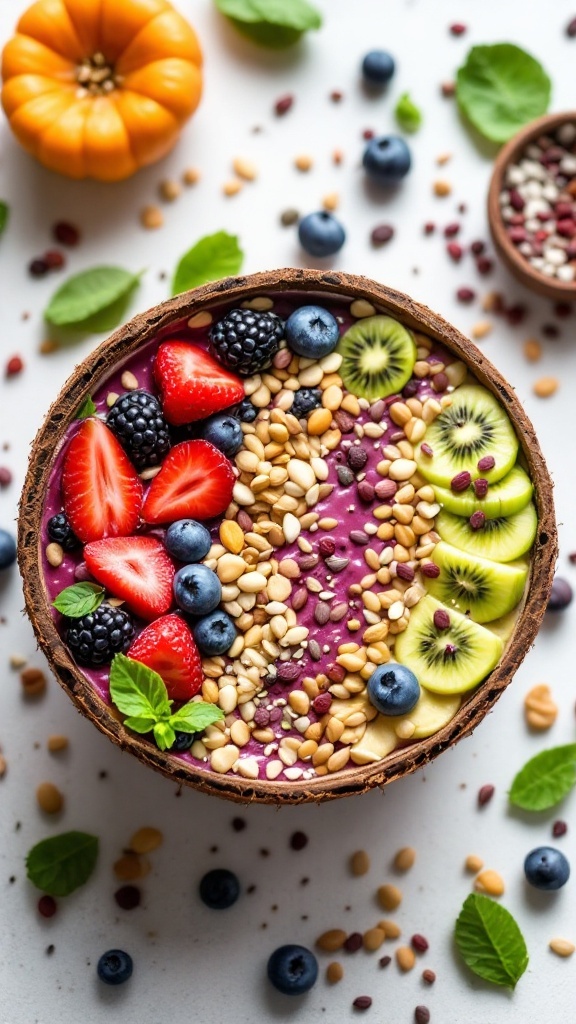 A vibrant smoothie bowl topped with fresh fruits and seeds.