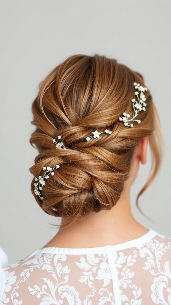 A soft braid wrapped bun hairstyle adorned with small white flowers.