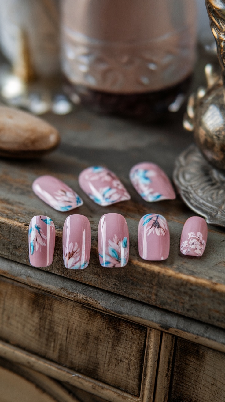 Close-up of nails featuring soft floral patterns on a pink background, surrounded by decorative items.