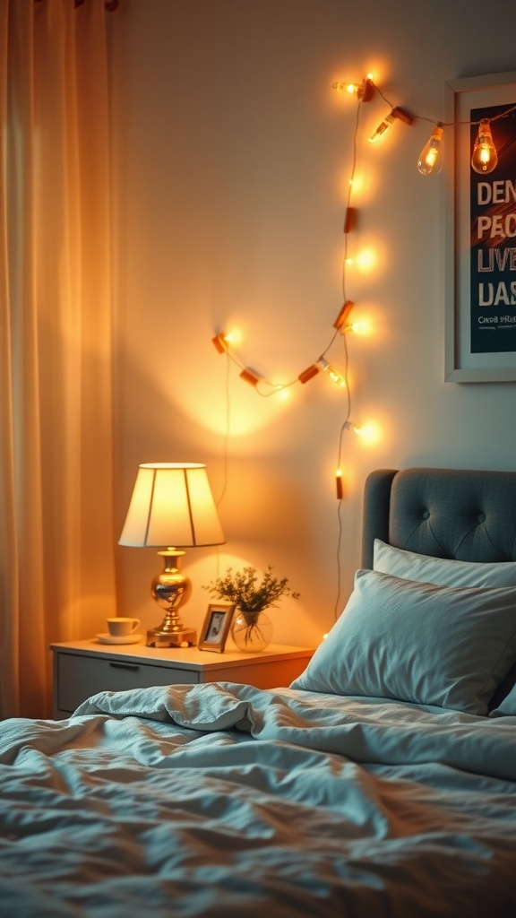 A cozy bedroom scene featuring soft lighting fixtures, including a lamp and string lights.