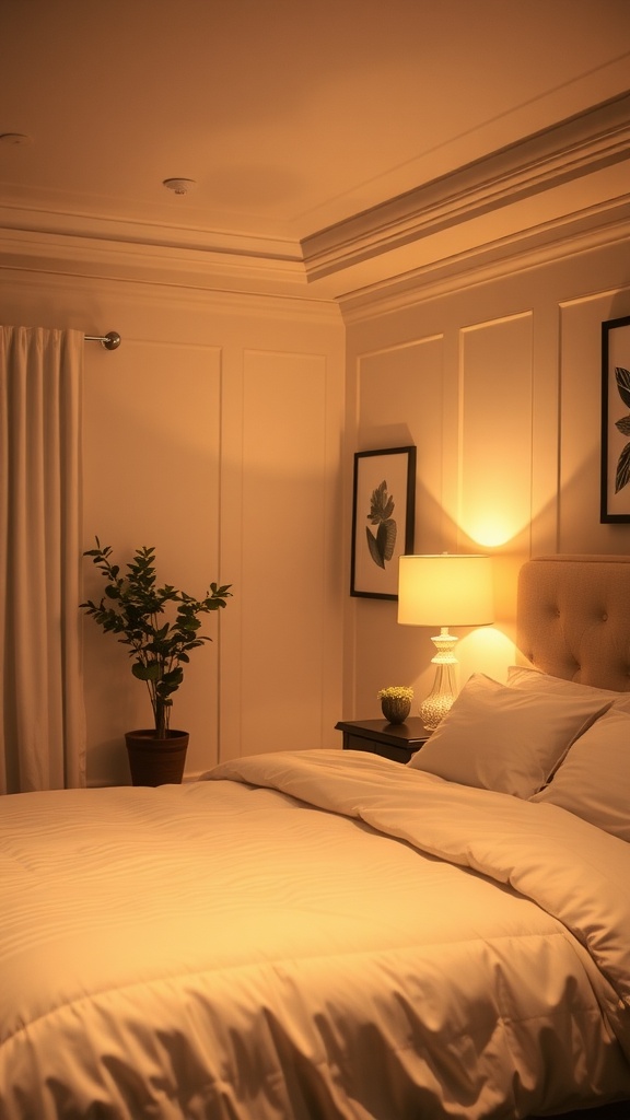 A cozy bedroom with soft lighting from a bedside lamp and a wrinkled blanket featuring large letters.