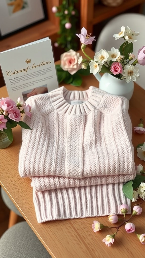 A soft pastel sweater neatly folded on a wooden table with flowers around it.