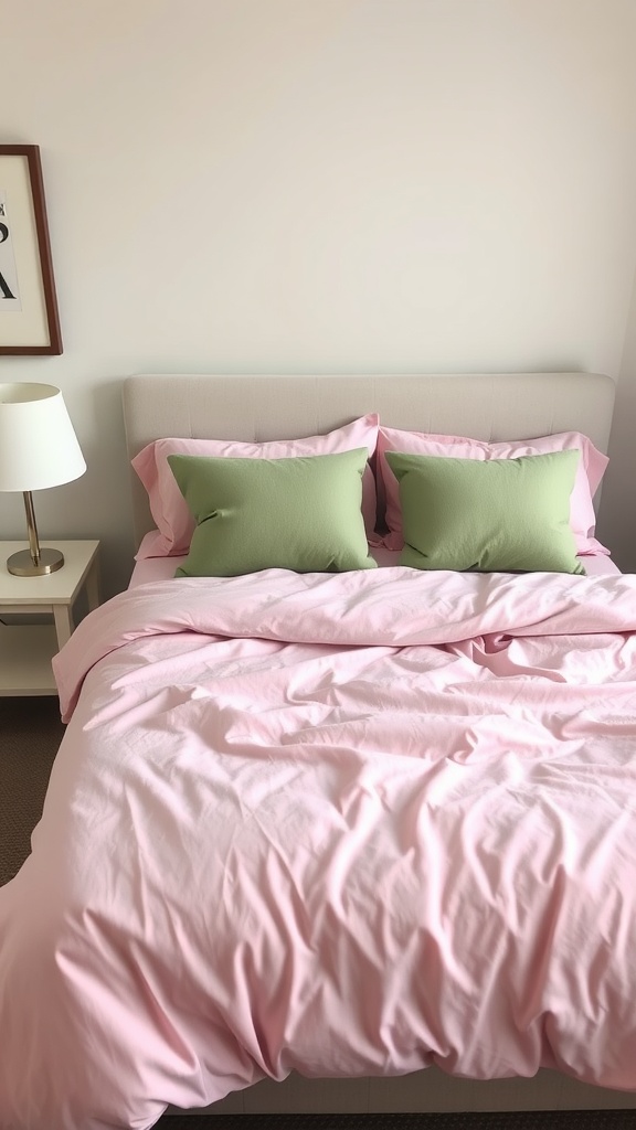 A cozy bedroom with soft pink bedding and sage green pillows