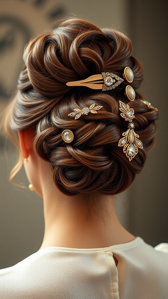 Sophisticated updo hairstyle adorned with vintage pins, showcasing elegant styling.