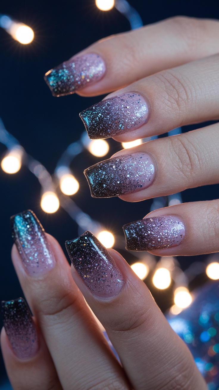 Close-up of sparkling glitter gradient nails with pink and black colors.