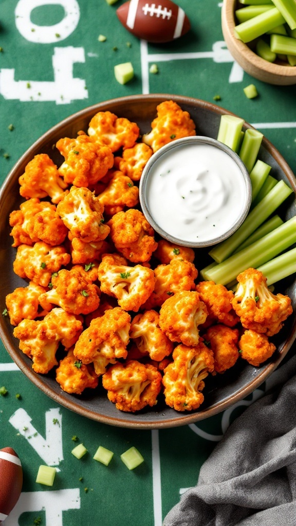 A plate of spicy buffalo cauliflower bites with celery sticks and a dip on a football-themed table.