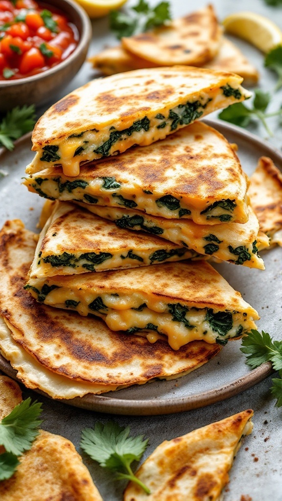 Spinach and cheese quesadillas stacked on a plate