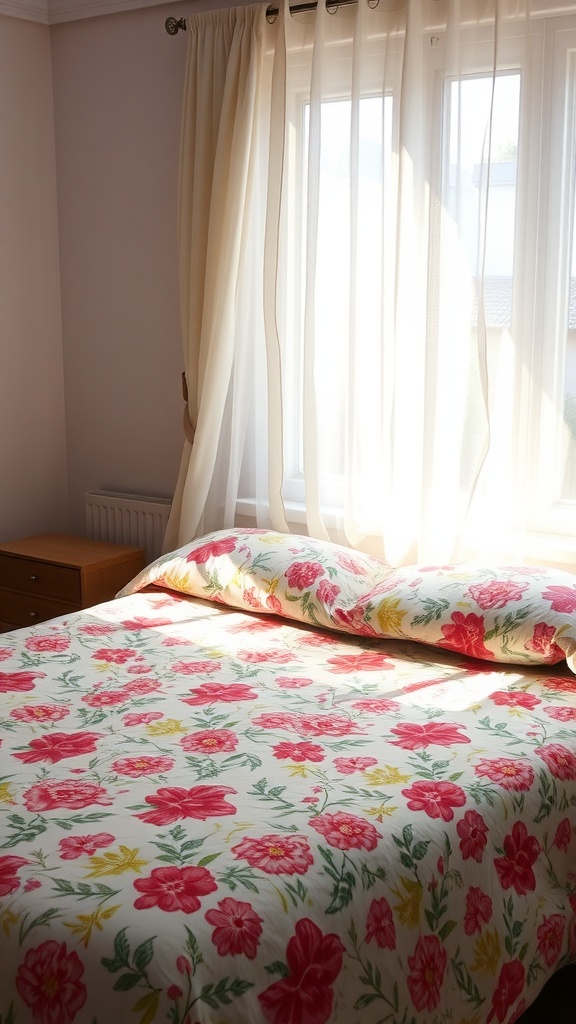 A brightly colored floral bedspread on a bed in a sunlit room.