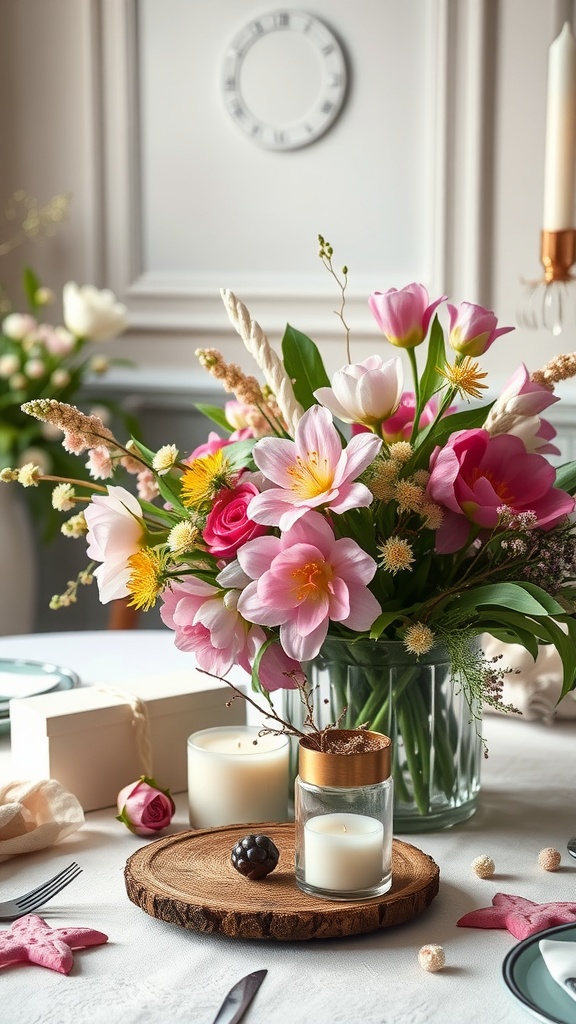 A vibrant spring-inspired table centerpiece featuring colorful flowers, candles, and natural wood accents.