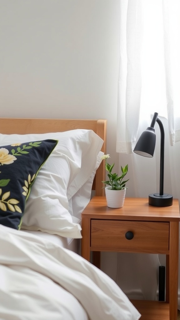 A cozy bedside table with a plant, lamp, and floral pillow, showcasing spring decor.