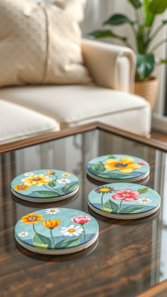 Colorful floral coasters on a wooden coffee table