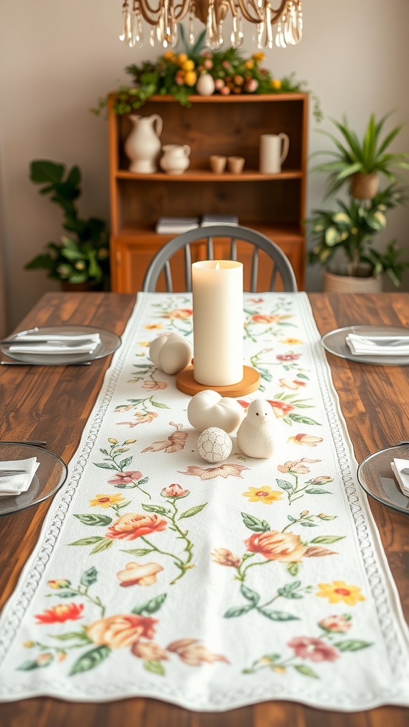 A beautifully decorated table with a floral table runner, candles, and decorative eggs.