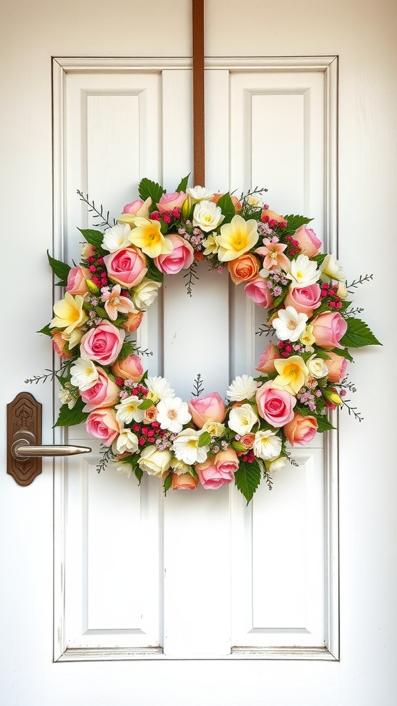 Colorful floral wreath with pink roses and yellow flowers on a white door.