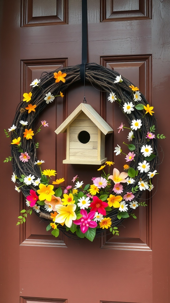 A colorful springtime wreath featuring a birdhouse and bright flowers on a brown door.