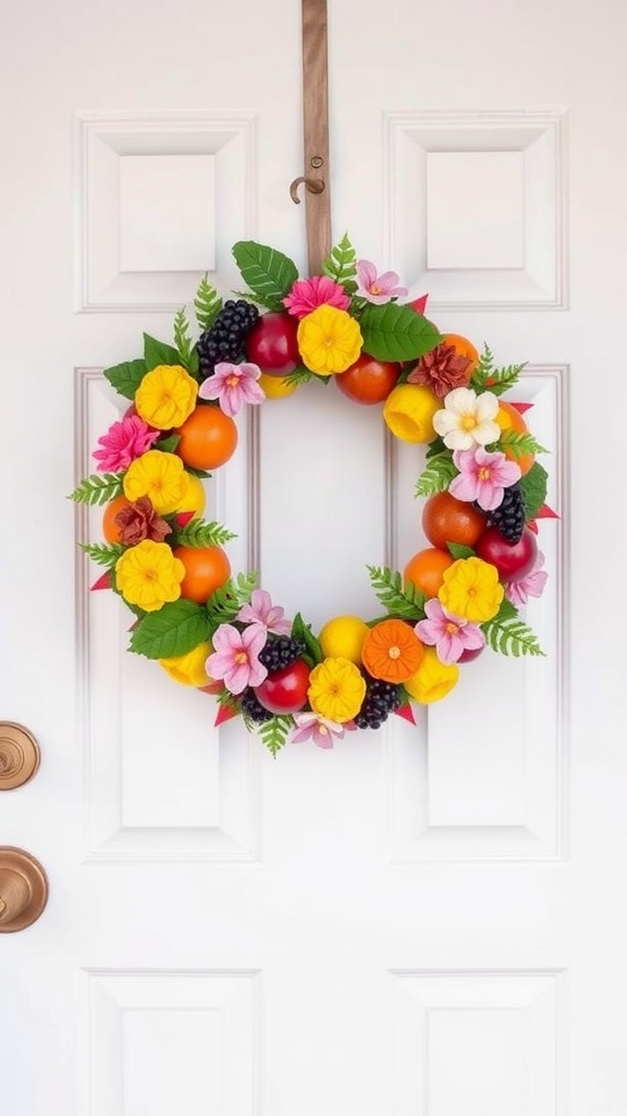 A colorful handmade wreath decorated with fruits and flowers, hanging on a white door.