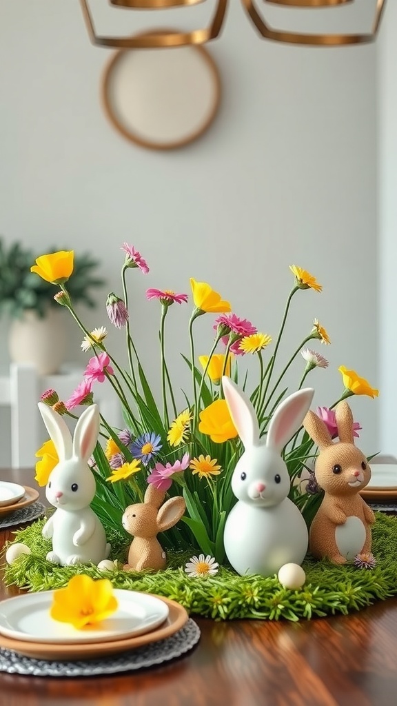 A spring-themed table centerpiece with bunny figurines and colorful flowers.