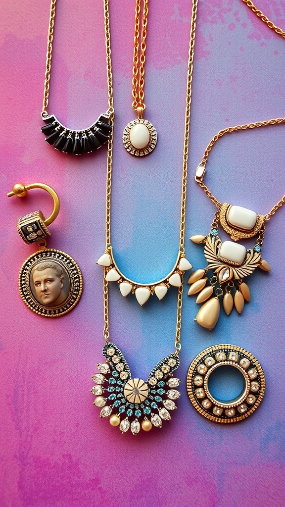 A collection of statement jewelry pieces including necklaces and earrings on a colorful background.