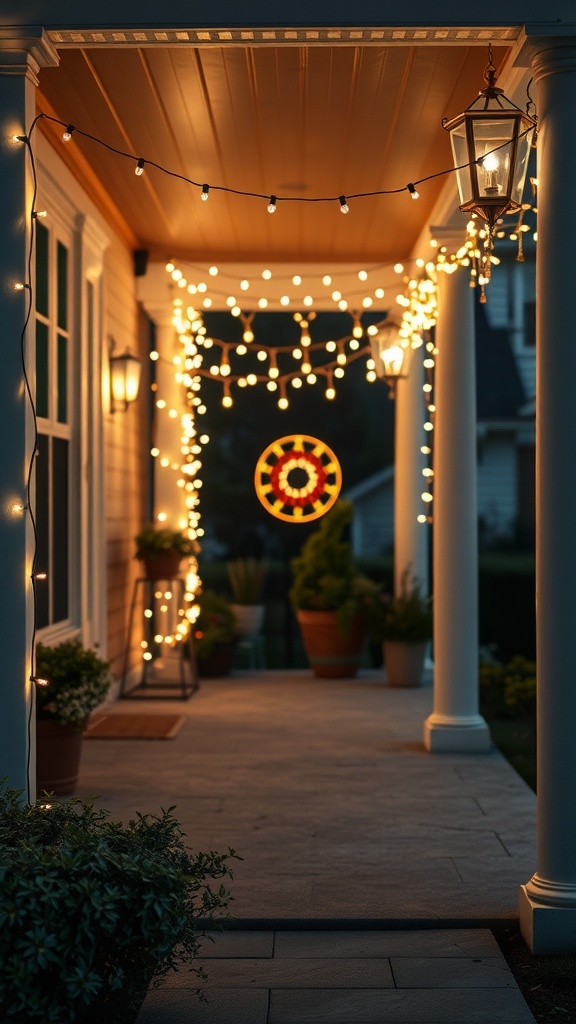 A front porch adorned with string lights, lanterns, and potted plants, creating a warm and inviting atmosphere