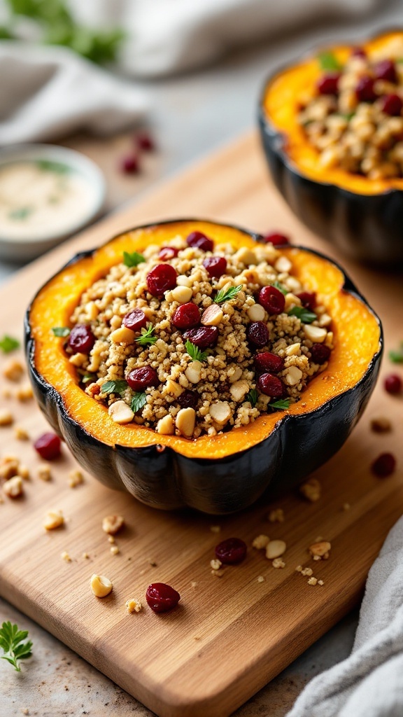 Stuffed acorn squash filled with quinoa, cranberries, and pine nuts served on a wooden cutting board.