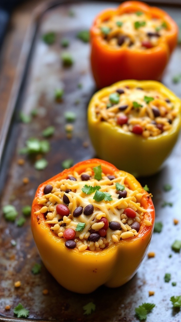 Colorful stuffed bell peppers filled with rice, beans, and cheese, garnished with cilantro.