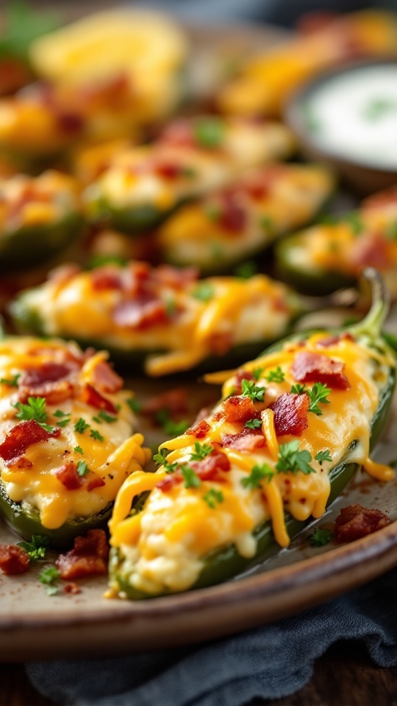 Delicious stuffed jalapeño poppers with cheese and bacon