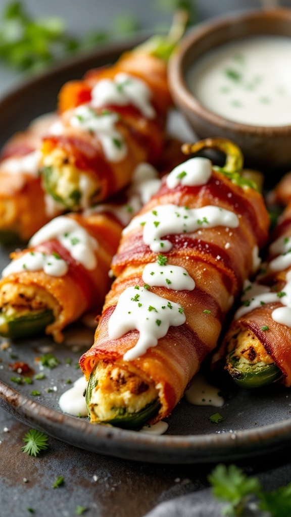 Stuffed jalapeños wrapped in bacon drizzled with sauce.