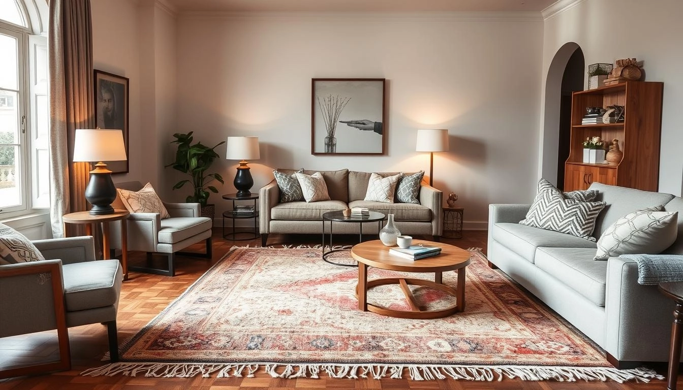 Cozy living room with stylish layered rugs in complementary colors and varied textures, enhanced by warm lighting and comfortable furniture arrangement.