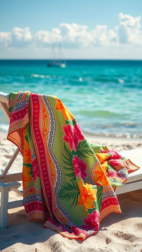 A colorful beach cover-up draped on a lounge chair by the ocean.