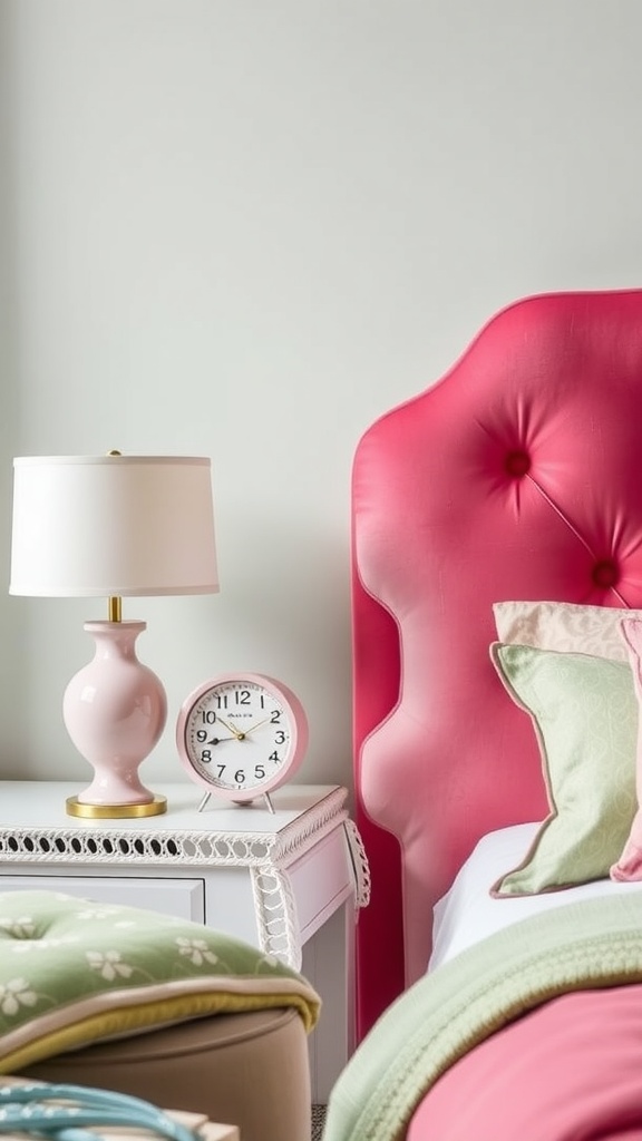 Stylish pink bedside accessories in a sage green and pink bedroom.