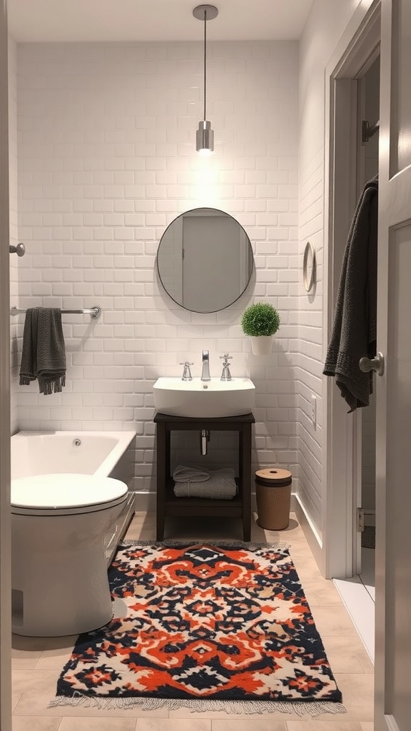 A small bathroom featuring a colorful rug with intricate patterns, complementing the modern decor.