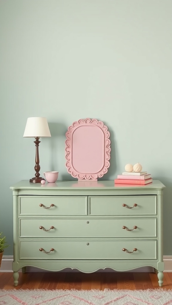 A sage green dresser with pink accents in a stylish bedroom setting.