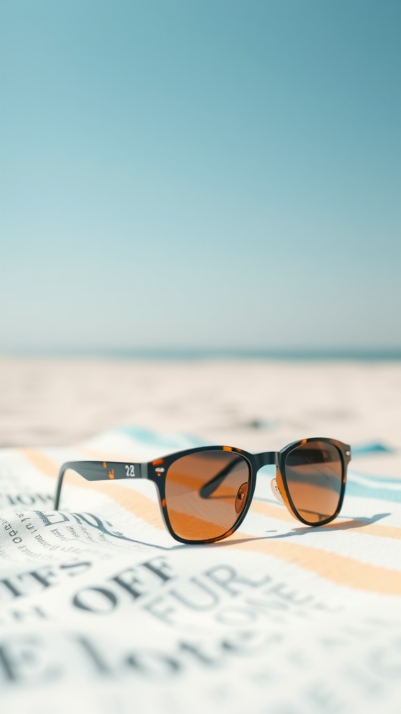 A pair of stylish sunglasses resting on a colorful beach towel under a clear blue sky.