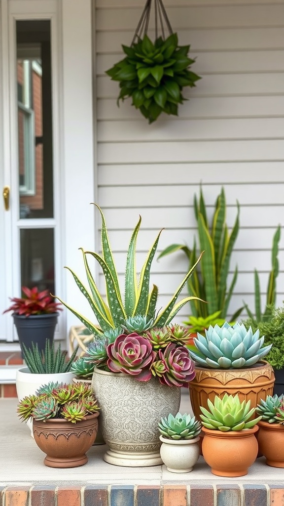 A front porch with various succulent arrangements in different pots and a hanging plant.