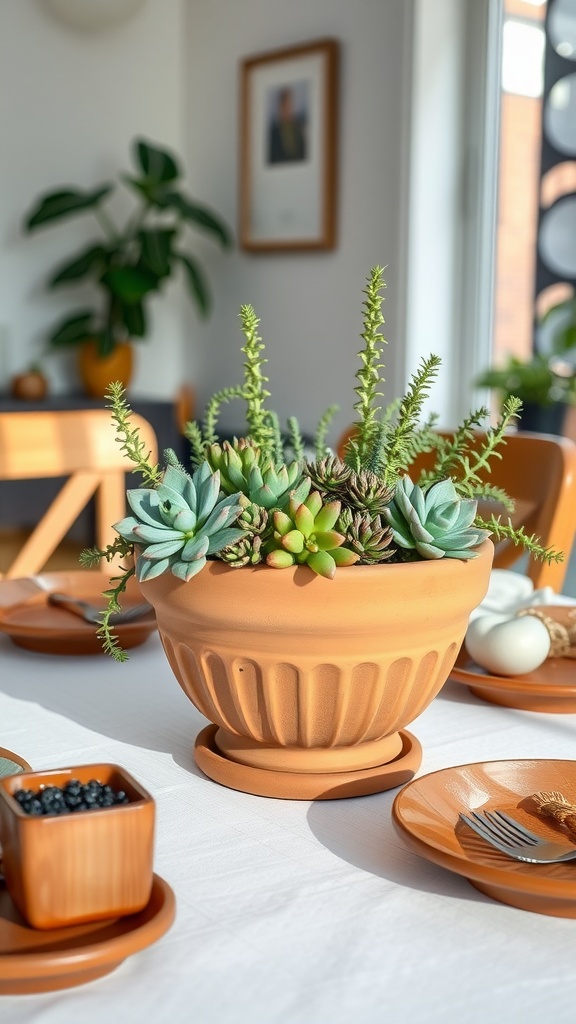 Terracotta pot filled with various succulents on a dining room table.