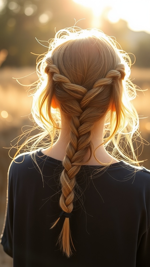 A close-up of a sunkissed loose braid hairstyle set against a sunlit background.