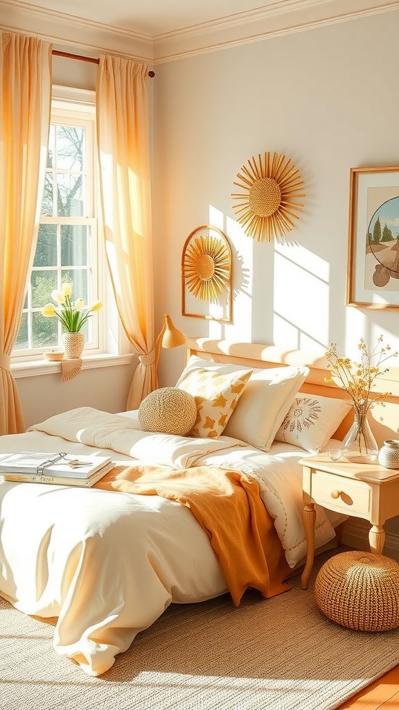 A cozy spring bedroom with sunshine-inspired decor featuring soft yellows, creams, and floral accents.