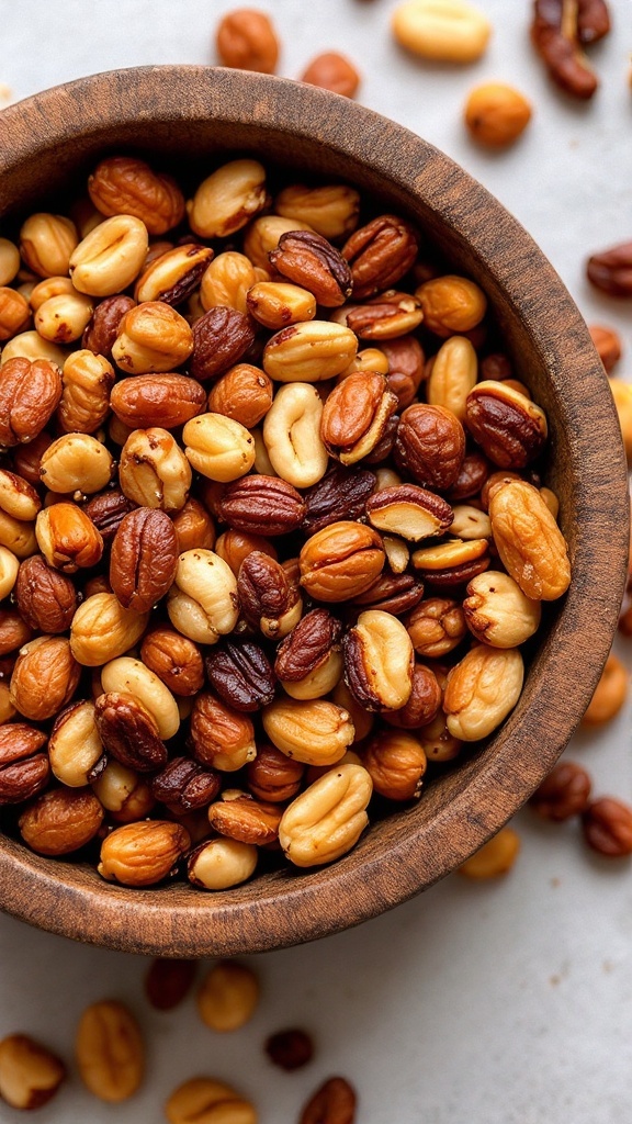 A bowl of mixed nuts including various roasted and flavored varieties.