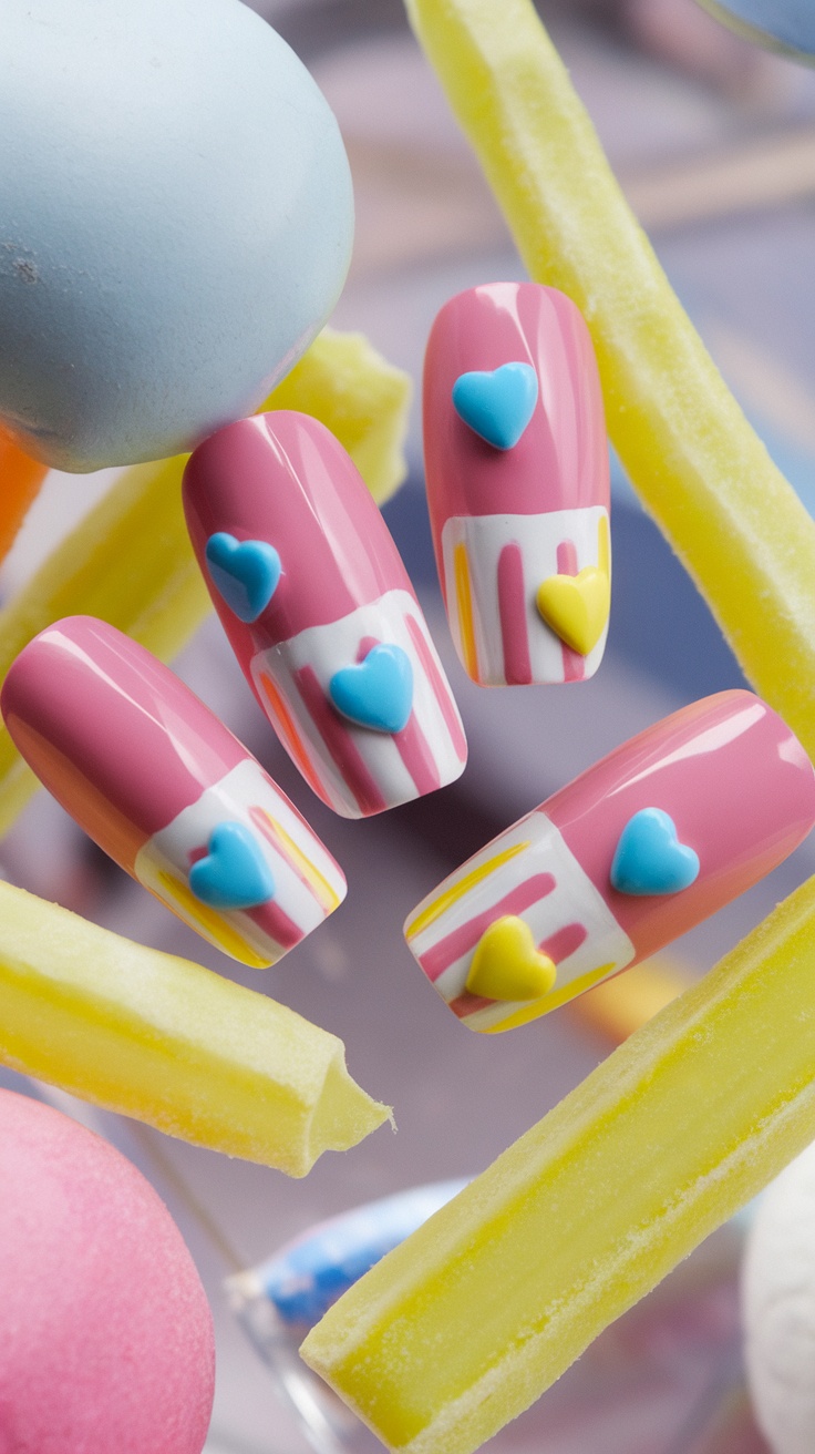 Close-up of candy-inspired pink nails with heart designs and colorful accents