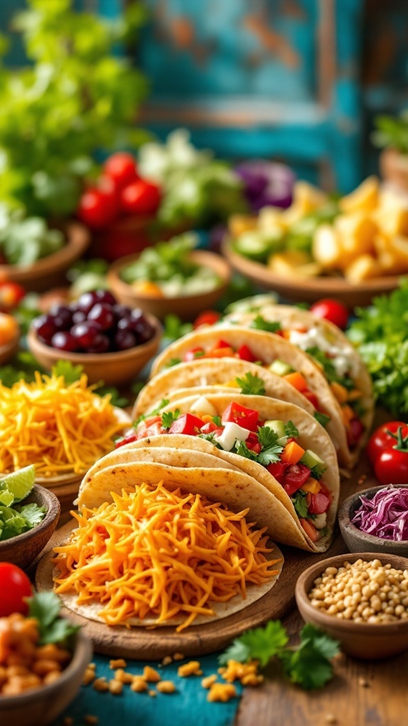 A colorful spread of tacos with various fillings and toppings for a game day taco bar.