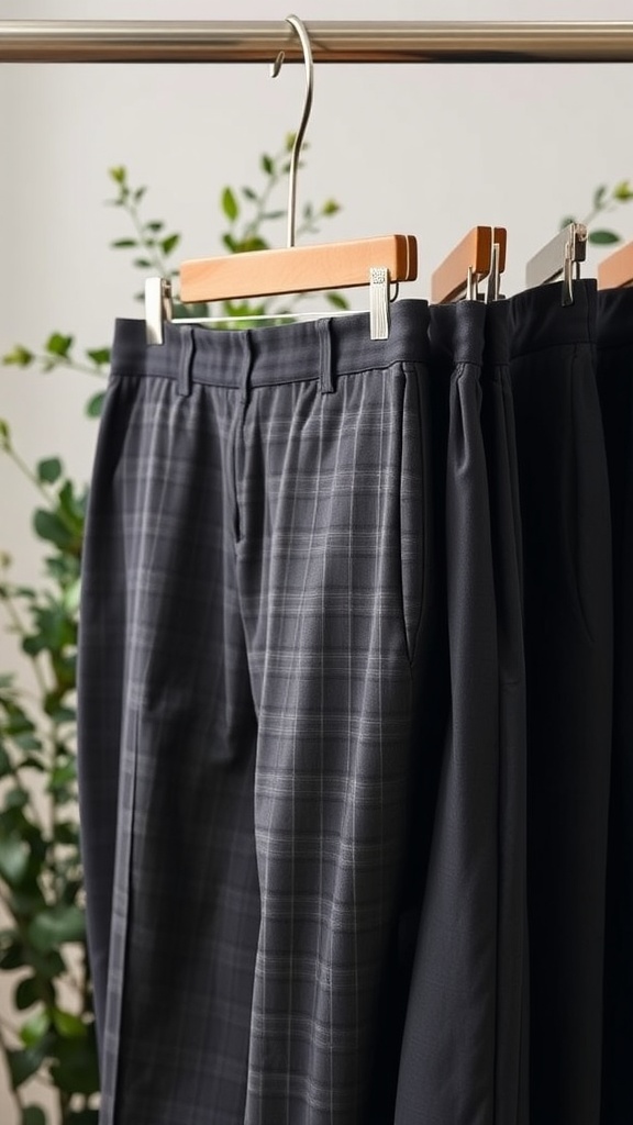 Close-up of tailored trousers hanging on a rack, showcasing light fabrics and a stylish design.