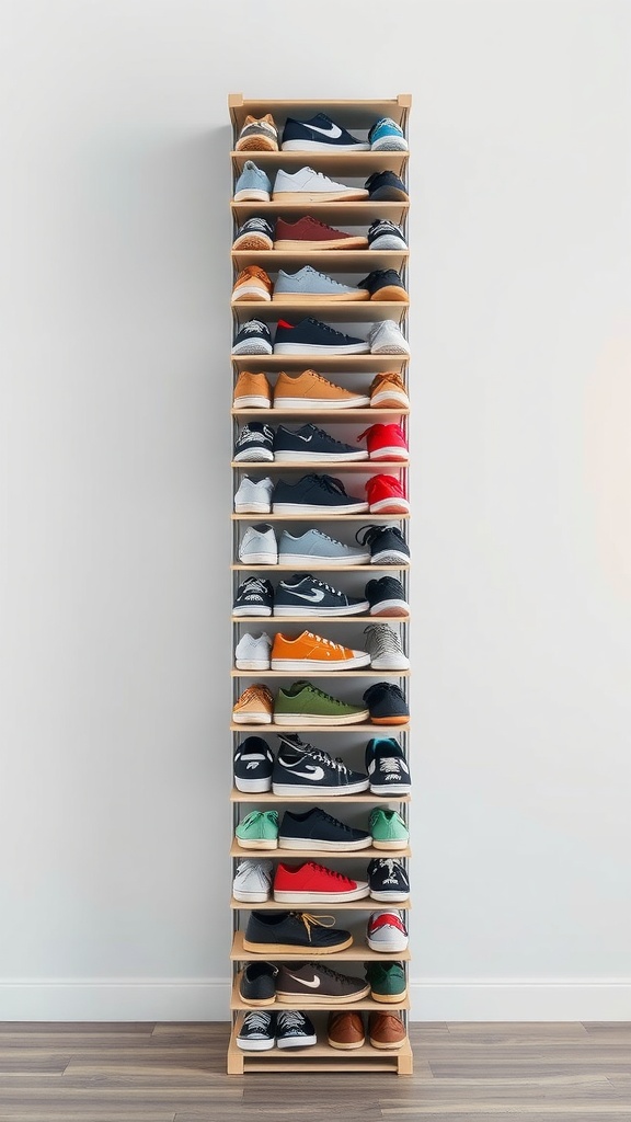 A tall wooden shoe tower filled with various types of shoes.