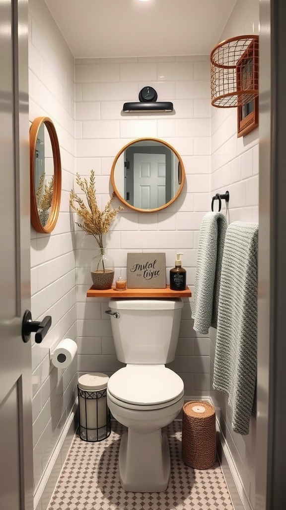 Small bathroom with textured accessories like towels, mirrors, and a woven basket.