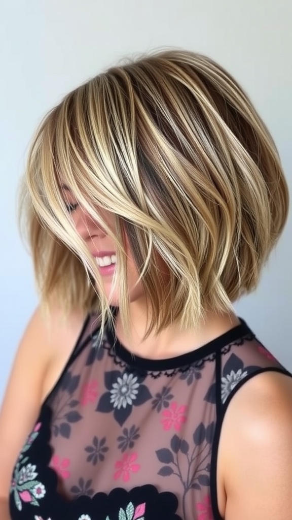 A woman with a textured bob haircut, featuring blonde highlights and smiling.