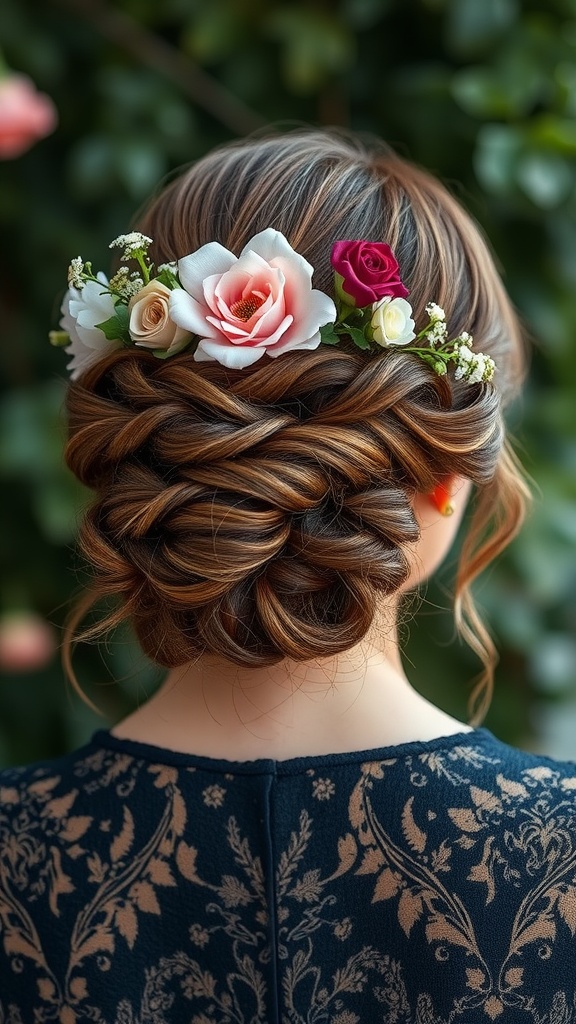 A beautifully styled textured low bun adorned with flowers, showcasing an elegant wedding hairstyle.